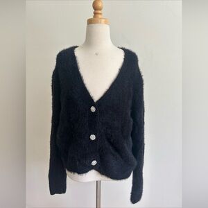Women’s S Marled Cardigan Sweater Black Eyelash Fuzzy